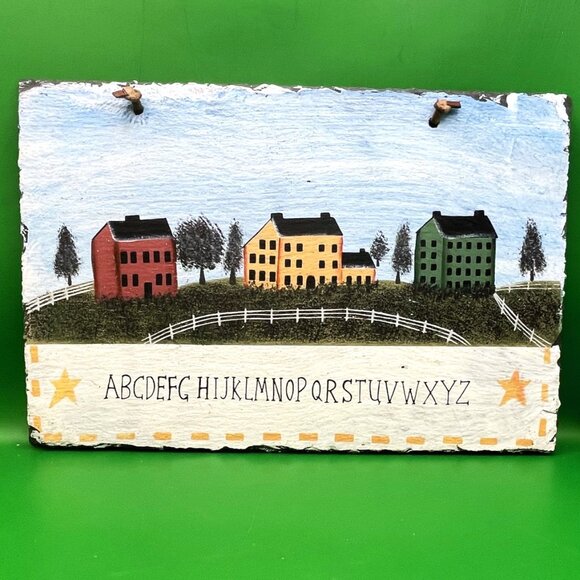 VTG Hand Painted Slate Sign Primitive Folk Art Country Schoolhouse ABC Alphabet - Picture 1 of 13